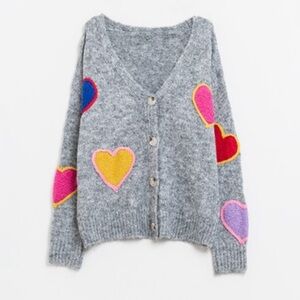 Grey knit cardigan with embroidered hearts